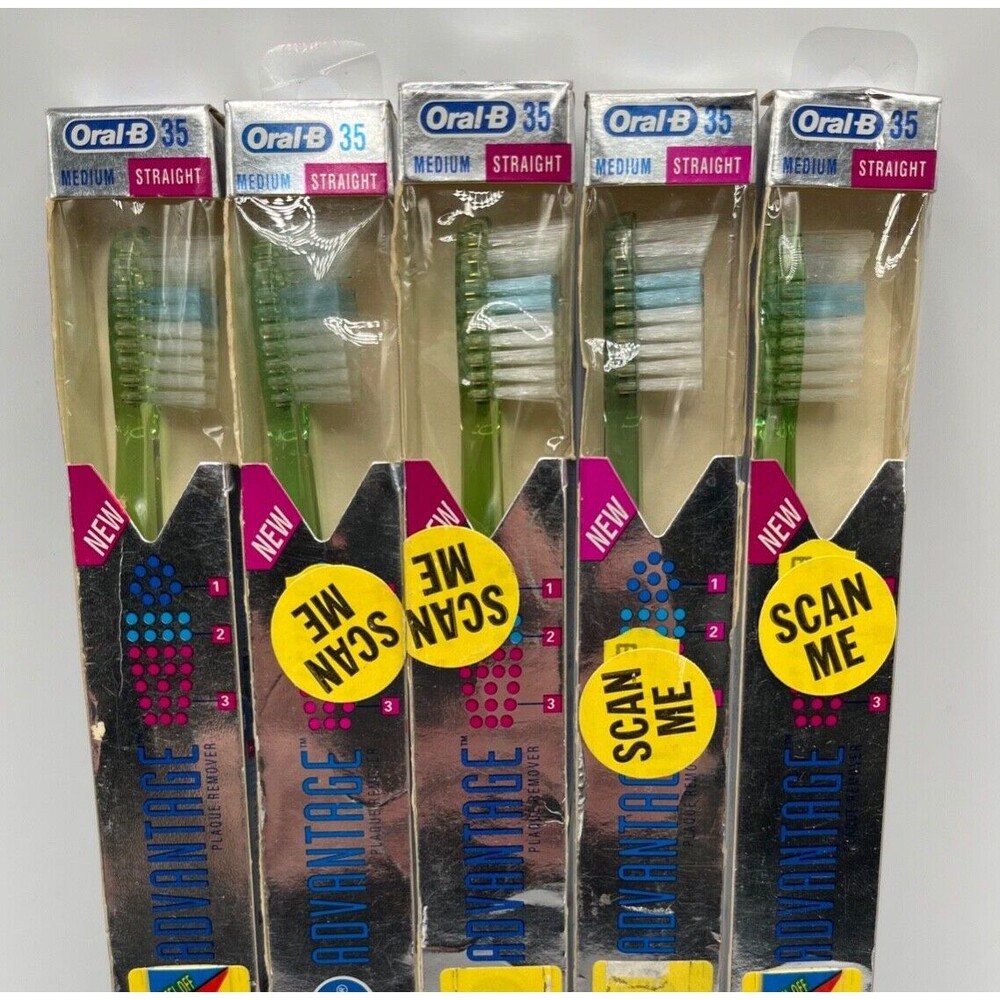 5 LOT Vintage 1993 Oral-B Advantage Toothbrush Medium 35 Full Straight INDICATOR